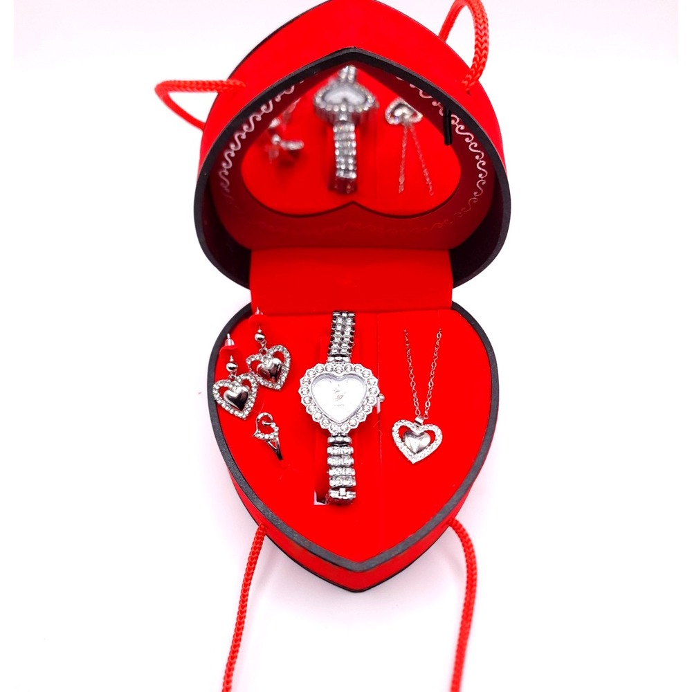 Heart Jewelry Gift Set Watch Necklace Earrings Ring Silver Crystal